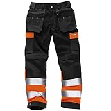 WK010 Arbeitshose mit hoher Sichtbarkeit, Schwarz und Orange, Kontrastfarben, Tuff, mehrere Taschen, schwarz / orange, 28W x L Kurz