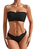 GORGLITTER Bikini Damen Set Bikini Trägerlos Bandeau Bikini mit Wellensaum Bikini Set Zweiteiler Badeanzug Bademode Swimsuit Schwarz L