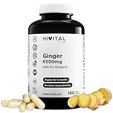Ingwer 6500 mg. 180 vegane Kapseln für 6 Monate. Natürlicher Ingwerextrakt mit 5% Gingerolen, die 32,5 mg pro Kapsel liefern. Hergestellt von HIVITAL