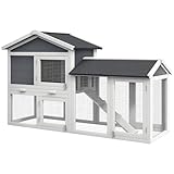 PawHut Kaninchenstall 2 Etagen, Hasenstall aus Tannenholz, mit Freilaufgehege, Rampe, 147x54x84 cm Kleintierstall mit wasserdichtem Bitumendach, für Zwergkaninchen, Meerschweinchen, draußen, Grau