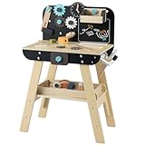 DREAMADE Kinder Werkbank aus Holz, Werkzeugbank mit 6 Werkzeugen & 20 Zubehörteilen, Montessori Bastelset mit Tafel & 2 Regalen, Werkbank für Jungen & Mädchen ab 3 Jahren
