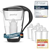PearlCo Glas-Wasserfilter (schwarz) Glaskanne mit 6 Classic Filterkartuschen – Reduzierung von Kalk & Schwermetall – Schützt Geräte – Besserer Geschmack von Kaffee & Tee – Made in EU