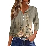 Shirt 3/4 Arm Damen,V-Ausschnitt Bluse Damen 3/4 Arm Elegant T-Shirt Mode Bunte Drucken Lose Sommeroberteile Knopfleiste Tunika Tops（04-Armeegrün,XXL）