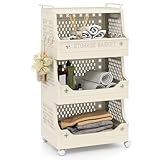 COSTWAY Rollwagen mit Rollen faltbar, 4 Etagen Badrollwagen mit Griff & Haken, Aufbewahrungswagen stapelbar, Beistellwagen aus Kunststoff, Wäschekorbwagen für Badezimmer, Waschküche, Küche