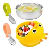 HuhWafee Babysaugschüssel Verbrichtungskind Saugschale mit Gabel und Löffel Multifunktionaler Babypeller für Kinder Jungen Jungen Mädchen(Gelb)