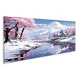 islandburner Leinwandbild Winterlandschaft schneebedeckte Häuser kleines Dorf Kiefern Fluss vers - Leinwand 120x40cm - Panorama