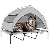 PawHut 23 cm erhöhtes Hundebett mit 3-seitigem abnehmbarem Bezug, atmungsaktives großes Hundebett aus Stahl mit Tragetasche, 122x92x94 cm, hellgrau und schwarz
