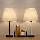 LIANTRAL Nachttischlampen 2er-Set mit E27 Fassung - LED Tischleuchten mit Metallbasis und Leinenschirm, Klassische Tischlampe mit Knopfschalter für Schlafzimmer, Wohnzimmer, Büro - Beige/Schwarz