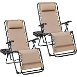 Yaheetech 2er Set Sonnenliege Liegestuhl Klappbar Gartenliege mit Kopfkissen & Becherhalter Tragbare Relaxliege für Strand/Garten/Balkon, Beige