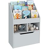 HOMCOM Kinder Bücherregal Kinderregal mit Schublade, 3 Ablagefächern und 2 offenen Fächern, Aufbewahrungsregal für Kinderzimmer, Spielzimmer, Grau, 60 x 29,9 x 90 cm
