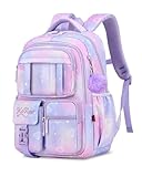 Tanou Schultasche Mädchen Rucksack Schule Mädchen, Schulrucksack für Mädchen der 1. bis 4. Klasse, Atmungsaktiv Wasserabweisender Nylon Kinder Schulranzen, Lila