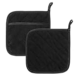 2 Stück Topflappen Baumwolle mit Tasche Hitzebeständige Anti-Rutsch Ofenhandschuhe Kochhandschuhe Topflappen Topfhandschuhe Ofen Handschuhe Set zum Kochen Backen Grillen Größe 20 x 20 cm Schwarz