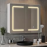Blishom Badezimmer Hängeschrank 70cm Spiegelschrank mit Spiegel und LED-Beleuchtung, dimmbar mit Berührungssensor, Steckdose, verstellbaren Ablagen, Doppel-Tür aus hochwertigem MDF, weiß (60×80cm)