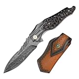 Klappmesser,handgefertigtes Hohe Härte Damaszener-Muster Rettungsmesser Outdoor Survival Messer für Camping für Outdoor & Survival Mit Lederhülle