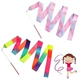 Ptwola 2 Stück Gymnastikband mit Stab 2M Premium Tanzen Streamer Rhythmische Sportgymnastik Band Funkelnd Tanzbänder für Mädchen künstlerischen Tanz Zirkus Karnevalsshows Outdoor-Spiele Talentshows