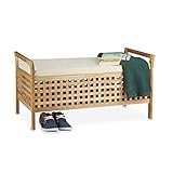 Relaxdays Sitzbank Walnuss mit Stauraum HBT: 46,5 x 92,6 x 49,0 cm Schuhtruhe aus Holz Sitzkommode mit Auflage aus Leinen, Dielenmöbel Truhenbank, natur weiß