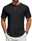 COOFANDY Henley T-Shirt für Herren Kurzarm Geripptes Sommer T Shirt mit Tasche Knopfleiste Casual Tee Schwarz M