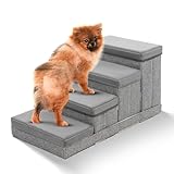 FUZZY PETS Hundetreppe mit 4 Aufbewahrungsboxen | ink. Sicherheitsgurt | Faltbare Haustier rutschfeste Sicherheitsleiter für Katzen Hunde, 4 Haustier Aufbewahrungsstufen Faltbare Haustiertreppe | Grau