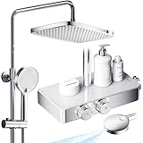 JONKEAN Duschsystem mit Thermostat, Duscharmatur Komplettset mit Glasablage, Regendusche mit Armatur und Handbrause, Duschset mit Armatur, Duschgarnitur mit Regendusche (Stil A, Chrom)