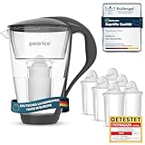 PearlCo Glas-Wasserfilter (anthrazit) Glaskanne mit 6 Classic Filterkartuschen – Reduzierung von Kalk & Schwermetall – Schützt Geräte – Besserer Geschmack von Kaffee & Tee – Made in EU