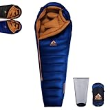 BUERTS Winter-Daunenschlafsack, für 0 bis -12°C kaltes Wetter. Ultraleichter Mumien-Schlafsack, für Erwachsene & Jugendliche beim Camping, Wandern & Backpacken. (Blau 0°C)