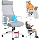 MELOKEA Bürostuhl Ergonomisch, Schreibtischstuhl mit Verstellbarer Kopfstütze, Bürostuhl 180 kg, Höhenverstellbar, Elastische S-förmige Lendenwirbelstütze, Mesh Stuhl Weiß, EN 1335 Computerstuhl, Grau
