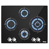 Gaskochfeld 4 Flammig, IsEasy Glas Gaskochfeld mit Automatischer Thermoelementschutz, Erdgas(20mbr)/Propangas(30&50mbr), Einbau 4 Zonen Glas Gaskochfeld, Schwarz Glasherd, 64cm, 8750W, 220-240V