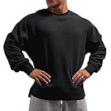 Muscle Alive Herren Basic Langarmshirts Waffel Sweatshirt Lockere Trainieren Zur Seite Fahren Rundhalsausschnitt Shirt Schwarz M