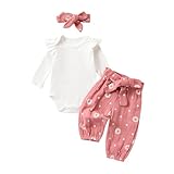 Beauace 3tlg Baby Mädchen Kleidung Musselin Langarm Body Strampler + Gänseblümchen Hose + Stirnband Neugeborene Outfit Set Hübsche Babykleidung (Rosa, 6-12 Monate)