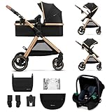 Kinderkraft ESME Kinderwagen 3 in 1 komplettset bis 22 kg, Kombikinderwagen reisesysteme mit Babyschale I-size 40-75 cm, Zusammenklappen, Liegeposition, Schwarz