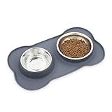 pecute Futternapf Fressnapf Hunde Katzen, Hundenapf Edelstahl Katzenapf mit Rutschfesten Silikon Tablett Matte, Schüssel Lebensmittel Wassernapf Grau (M, 400 +550ml)