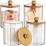Kosmetik Organizer, 4 Stk Wattepadspender,Wattestäbchen Halter, Transparente Acryl Wattestäbchen Aufbewahrungsbox, mit Bambus Deckeln,Schminktisch Zubehör, für Wohnzimmer, Schlafzimmer, Badezimmer