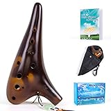 Okarina Horse Ocarina 12 Löcher Alt C Keramik mit Tragetasche Notenbuch Gurt (Braun)