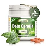 Beta Carotin, hochdosiert, 10.000 iE - 180 Tabletten, vegan. Carotin Tabletten. Vorstufe von Vitamin A – für Sehkraft, Haut & natürliche Bräune - OHNE künstliche Zusätze - laborgeprüft. Von Greenfood.