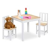 Relaxdays Kindersitzgruppe, 3-TLG., Kindertisch mit 2 Stühlen, Mädchen & Jungen, Sitzecke fürs Kinderzimmer, weiß/Natur