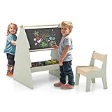 FANTASK 2 in 1 Standtafel doppelseitig, Kinder Staffelei und Stuhl Set mit Kreidetafel & Whiteboard, Kindertafel mit Ablage & Papierrollenhalter für Kinder ab 3 Jahren (Grün)