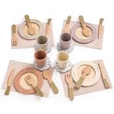ROBUD Kinderküche Zubehör Holz Geschirr, 29 PCS Teller und Küchenutensilien Geschirrset für Rollenspiel, Kinder Spielküche Küchenzubehör, Holz Spielzeug Geschenk für Mädchen Jungen 3-8 Jahren