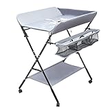 Mobiler Wickeltisch Klappbar Höhenverstellbare, Wickelaufsatz Badewanne mit Wickelauflage, Sicherheitsgurt und Ablagefächern, Baby Wickelkombi mit Rollen 80x63x96cm