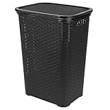 HRB Wäschekorb mit Deckel Rattan 65 Liter, Wäscheaufbewahrung aus Kunststoff, Wäsche Sortierer (Schwarz)