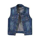 Nidddiv Damen Jeansweste Ärmellose Kurze Jeans Weste Lässig Outdoor Denim Jeansjacke Button Down Revers Große Größen Streetwear Motorradweste Jacke Einreihige Schmale Jeanswesten mit Knöpfen