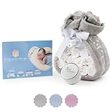 Windeltorte für Neugeborene mit bestickter Decke mit Namen + 15 Moltex-Premium-Windeln, umweltfreundlich und biologisch abbaubar, Größe 2 (3-6 Monate), personalisierter Schnuller (grau, Set mit Bonus