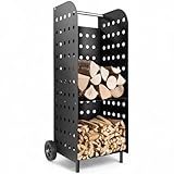tectake® Holz Regal extrabreit mit Rollen, für aussen und innen, Kaminholzregal, Brennholzregal aus Metall, wetterfest, mobiles Holzlager, Transportwagen für Feuerholz, Kaminzubehör - schwarz