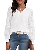 Hount Oberteile Damen Spitze Patchwork Leichte Shirt Bluse Langarm Top mit Spitzenärmel (XXL, Weiß)