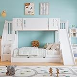 Dolamaní Etagenbett 90x200 cm Kinder 2 Bett, Hochbett mit Treppe-Sicheres Geländer und Rutsche, Kinderbett Mit Fenster, Schließfächer und Schubladen (Weiß)
