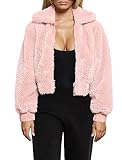 FANCYINN Damen Mantel Teddy Winterjacke Revers Faux Für teddyjacke für Damen Übergroße Ärmel Outwear Tasche Reißverschluss kurz Mantel Rosa M