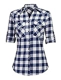 UNibelle Trachtenhemd Damen Bluse Kariert Hemd V-Ausschnitt Trachtenbluse Langarm Karierte Hemden Oktoberfest Karohemd Knöpfen Trachten Oberteil Navyblau-B XL