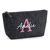 Schminktasche mit Namen und Initialen | Filztasche personalisiert für Kosmetik & Pflege | Schminktasche für Mädchen (Anthrazit, klein)