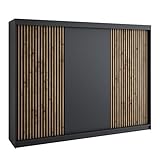 A&J MöbelLand Schwebetürenschrank IOSA Kleiderschrank 3-türig mit 4 Schubladen & 3D Lamellen, Garderobe 200 cm (Schwarz/Schwarz/Schwarz/Schwarz)