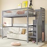 Rvjiahe Hochbett 90x200 mit Treppe, weißes Kinderbett aus Holz mit Aufbewahrungsregal, einfacher Kleiderschrank (Grau)