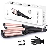 [19/25/28/32mm] Welleneisen für Haare - janelove 4-in-1 Lockenstab für Beach waves/Natürlich Wellen/Wasserwellen/Mermaid Waves, 160°C bis 210°C Kreppeisen für die haare mit Handschuhe und Clips - Gold
